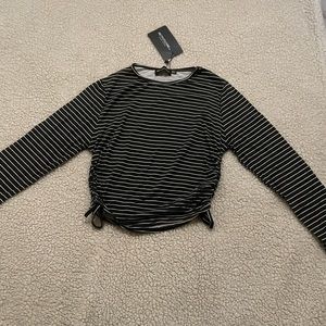black striped jersey tie ruched side long sleeve crop top
